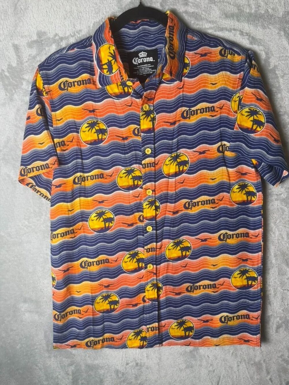 CORONA Button Up Shirt Mens Small Blue Orange Tropical Beach Beer Graphic